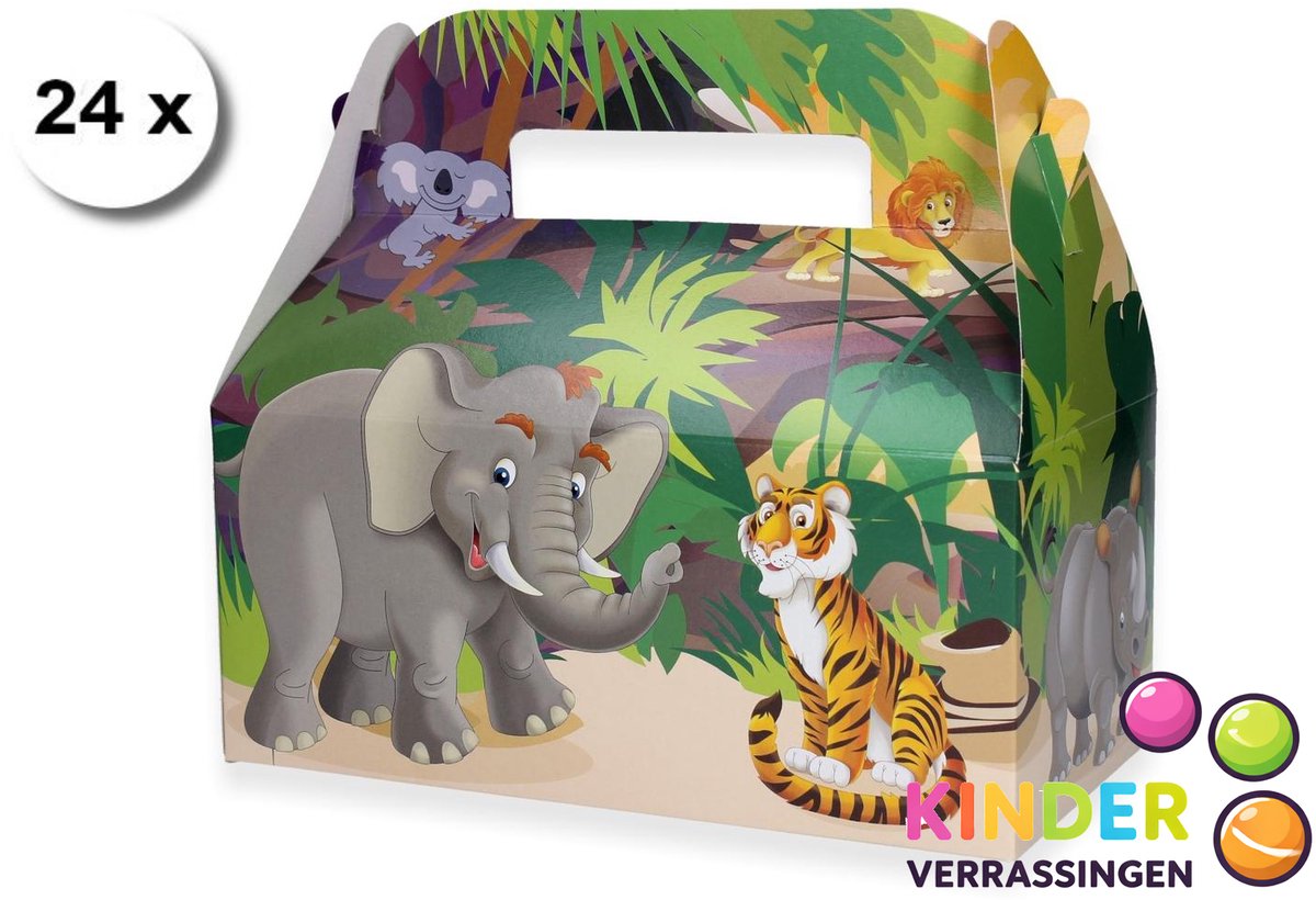24 stuks menubox smulbox traktatiedoosje - JUNGLE - Wilde dieren - 22 (lengte) x 11.5 (breedte) x 10 cm hoogte tot vouwpunt - uitdeeldoosje - kinderfeestje