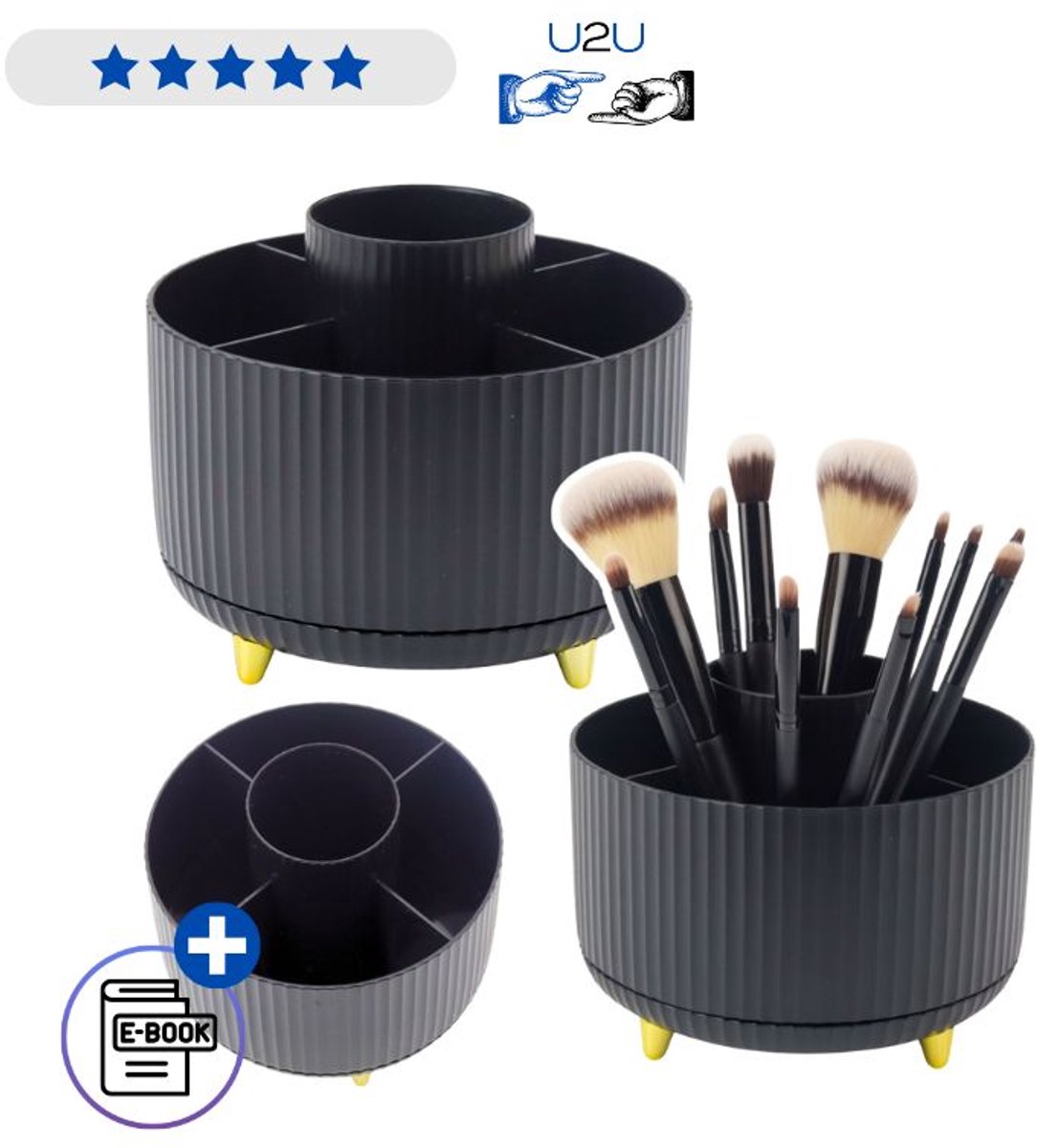 360° Draaibare Make Up Organizer Met 5 Vakken Zwart Voor Kwasten En Cosmetica Met Ebook