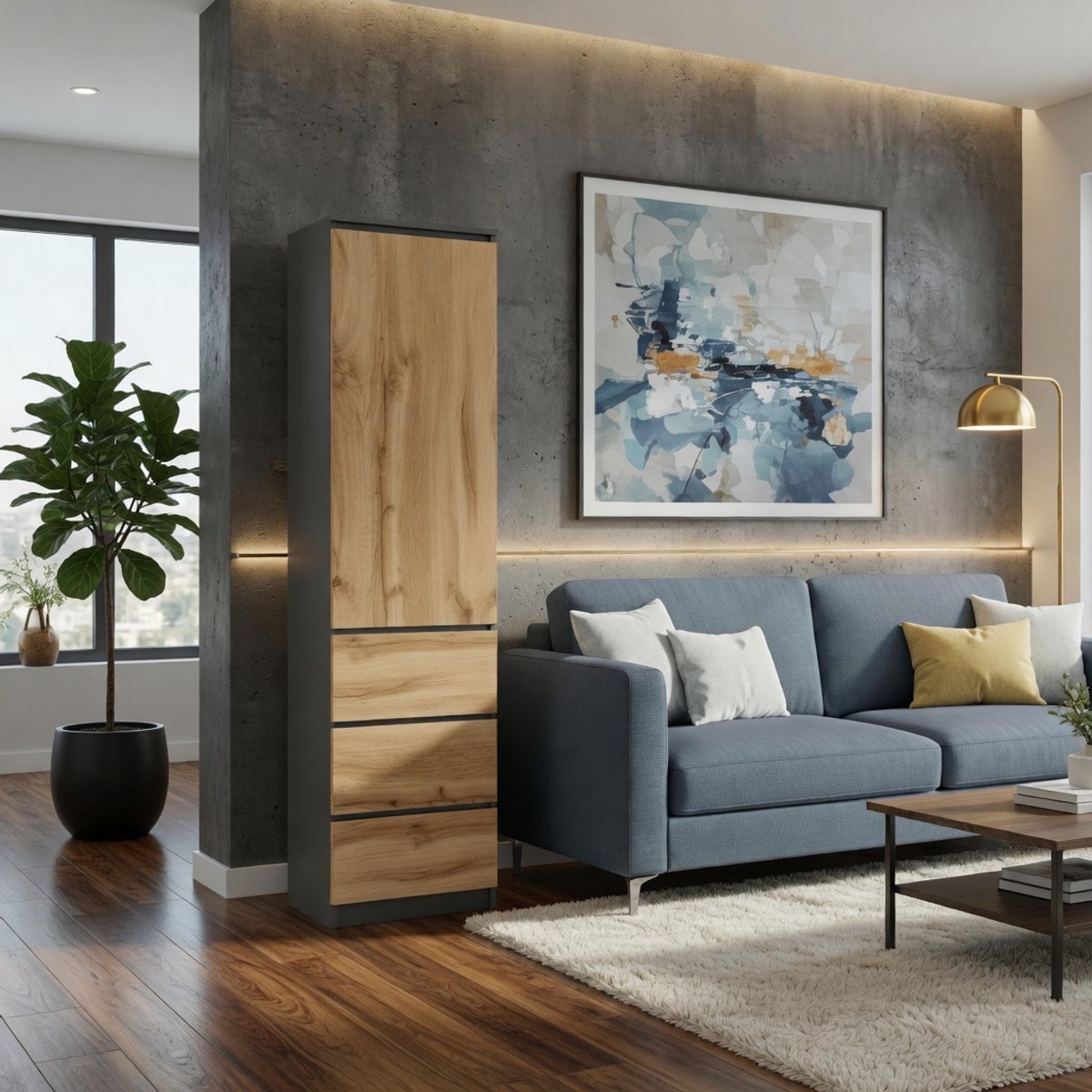 SpaceMax Smalle Kledingkast 50x40x180 cm – Multifunctionele Garderobekast met 3 Planken & 3 Lades – Moderne Slaapkamer, Hal & Werkkamer Opbergkast – Antraciet/Eiken Design Mobili Bella
