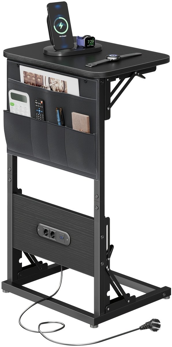 Bijzettafel-Salontafel Compacte bijzettafel met geïntegreerde stopcontact en USB-Opvouwbaar-Zwart.