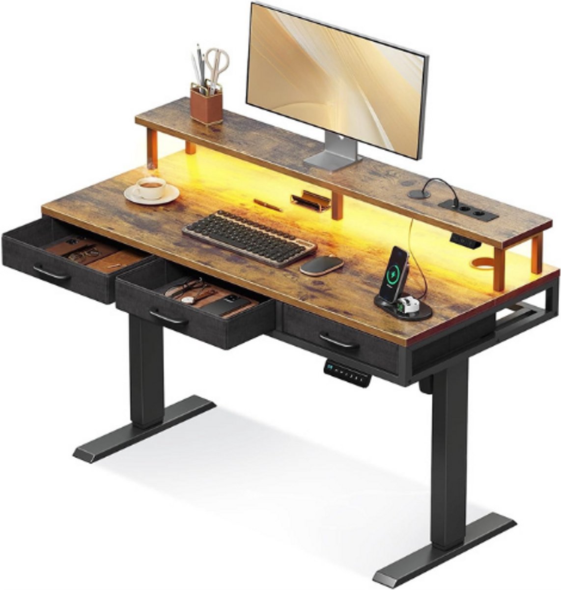 OffiGo Elektrisch Sta Bureau 120 Cm - In Hoogte Verstelbaar Bureau Met Laden En Monitorstandaard - Stopcontacten En LED Lichtlijst - Ergonomische Zit Sta Werkplek - Bruin Bureau Voor Thuiswerk En Kantoor