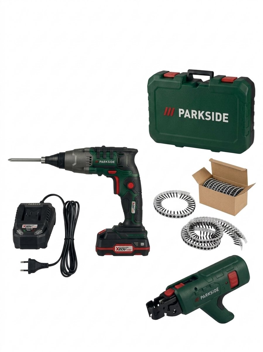 PARKSIDE® Accu-gipsplaatschroefmachine 20 V inclusief accu en lader - Inclusief 10 schroefbanden à 50 schroeven (3,5 x 25 mm) - Stationair toerental: 0/4000 min⁻¹ - Max. koppel: 15 Nm