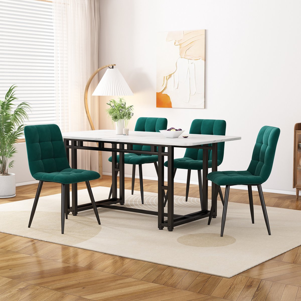 MIVRAY Eettafelset 120 Cm - Met 4 Fluwelen Stoelen - Voor Eetkamer En Woonkamer - MDF En Metaal - Donkergroen