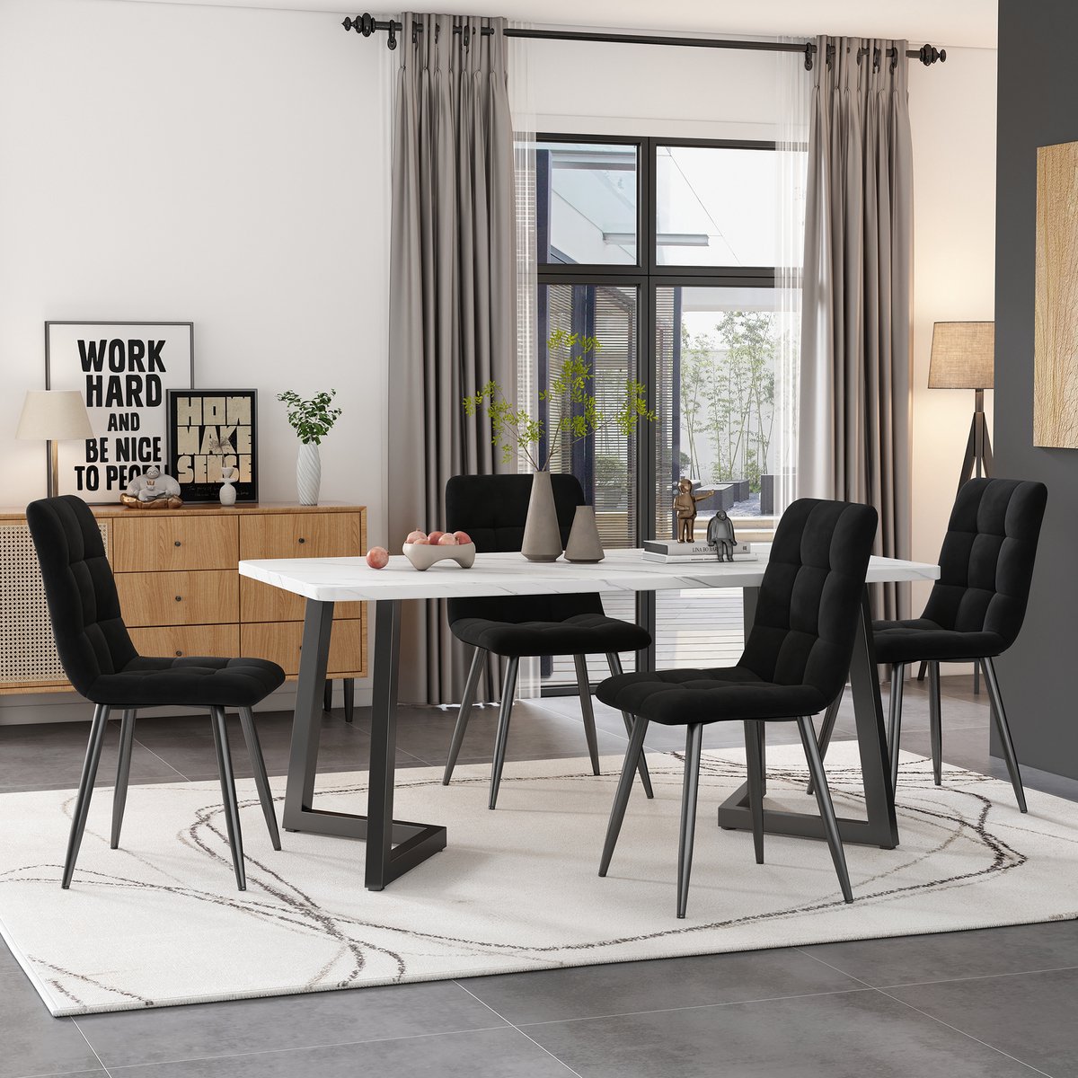 MIVRAY Eettafelset Met 4 Stoelen - Rechthoekige Tafel Met Fluwelen Stoelen - Voor Keuken En Eethoek - MDF - Zwart - 117x68x75 Cm