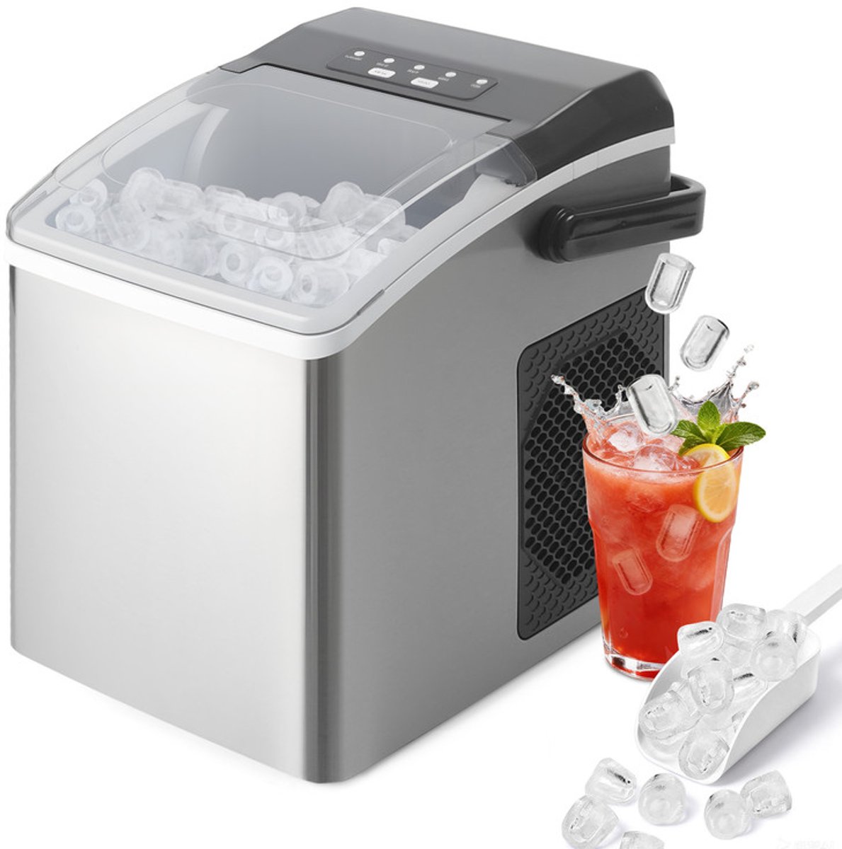 Glitzerlife - Snelle Ice Cube Ijsblokjesmachine - Klein Stil - 2 Maten - Ijsblokjesmachine - Mini 9 Ijsblokjes In 6 Minuten - Klaar Voor Ijsblokjes - Met Draagbare Handgreep - Voor Kantoor - Camping En Feest -Zilverkleurig