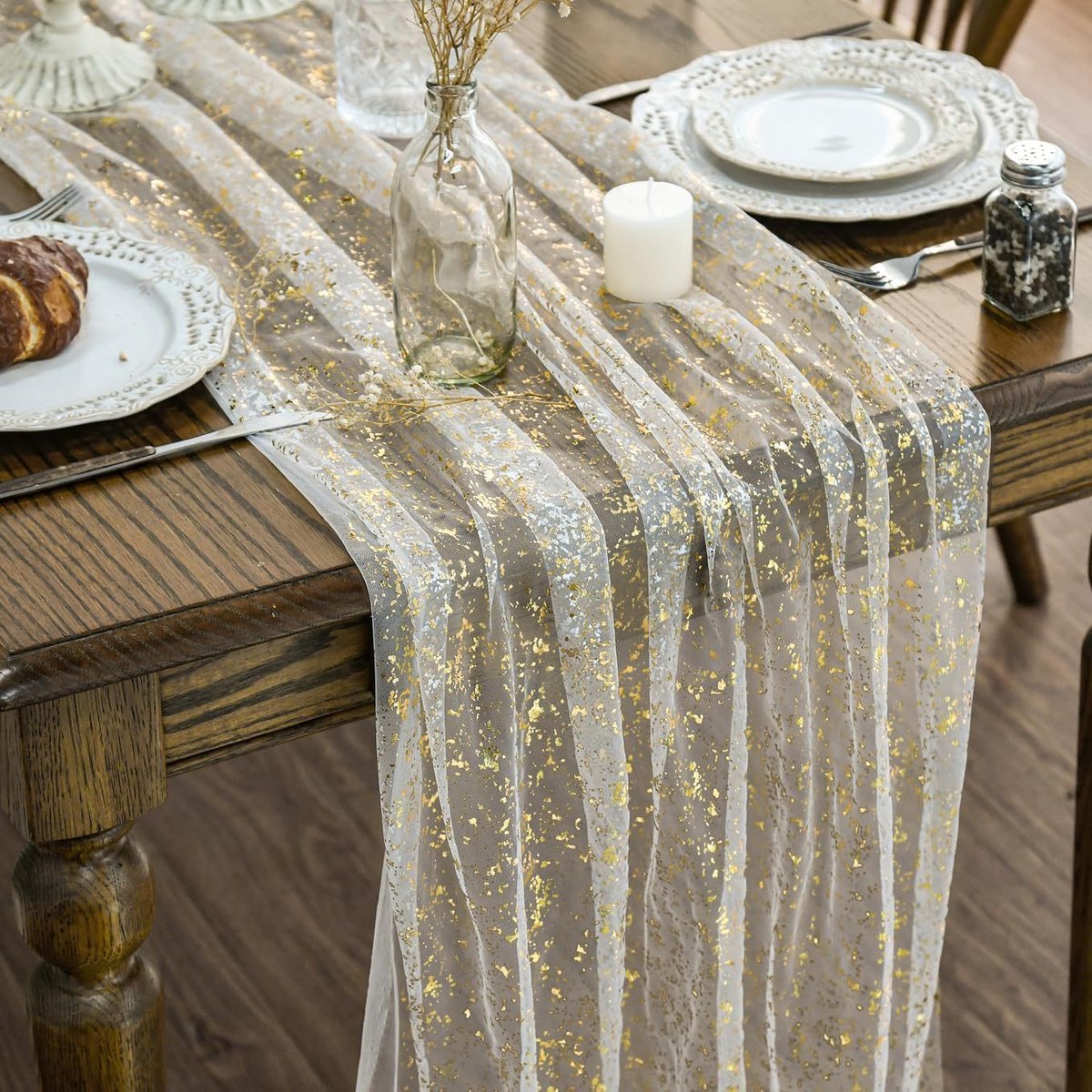 75*300cm-tafellopers textiel-Tafelloper Tule met Glitters-Prachtige woondecoratie, tafeldecoraties-Wit - Gouden pailletten