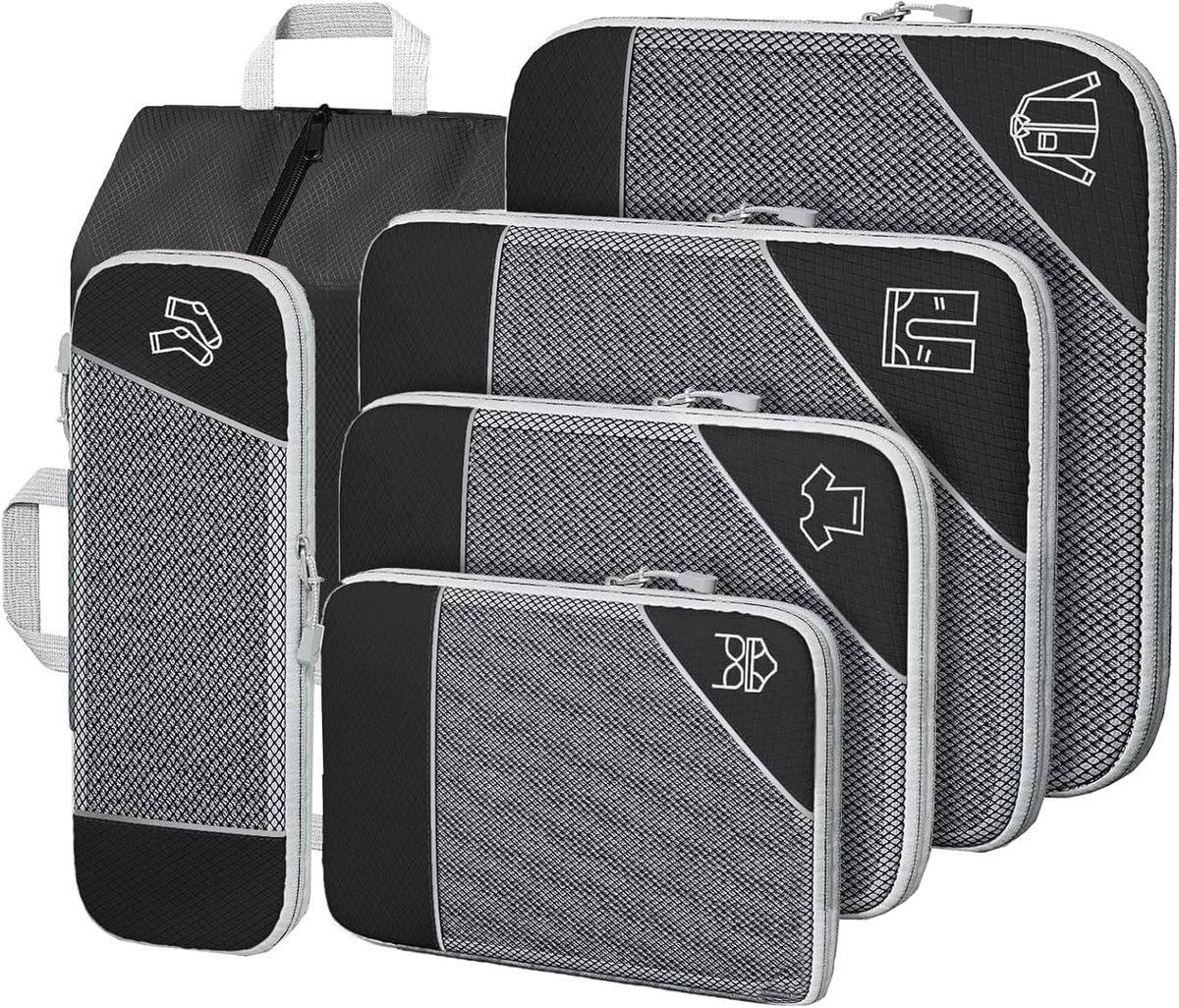 6-delige compressie packing cubes, zwart, uitschuifbaar en ultralicht. Kofferorganizer set, reistassen geschikt voor zowel koffers als rugzakken. – productfoto 1 van Bol.com