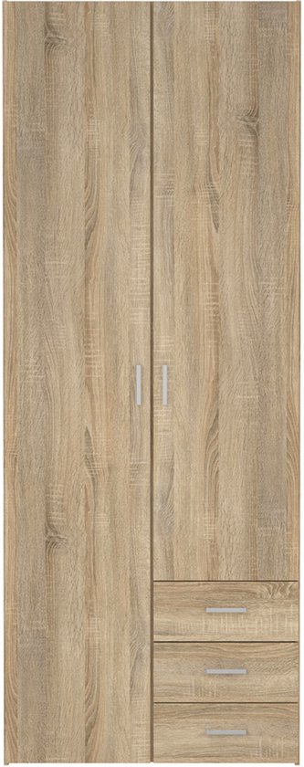 Houten kledingkast met 2 deuren en 3 lades, op een witte achtergrond.
