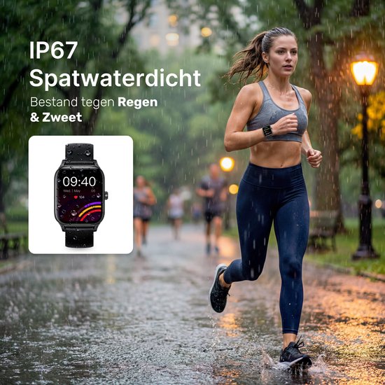 Vrouw in sportkleding rent in de regen, draagt een zwarte smartwatch.