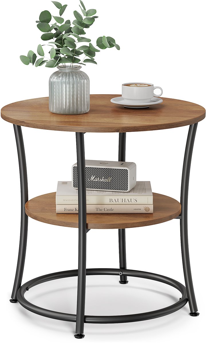 Vasagle Bijzettafel - Bijzettafeltjes Woonkamer - Met 2 Planken - Metalen Frame - Voor Woonkamer of Slaapkamer Bruin-Zwart