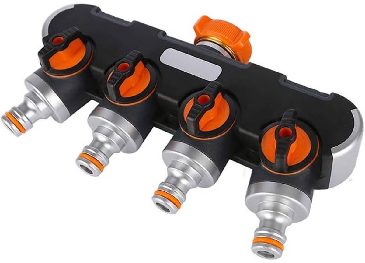 Flexibele slangverdeler met vier aansluitingen - 3/4" en 1/2" kraanadapter - debietregelaar - afsluitbaar - voor tuinsproeier.
