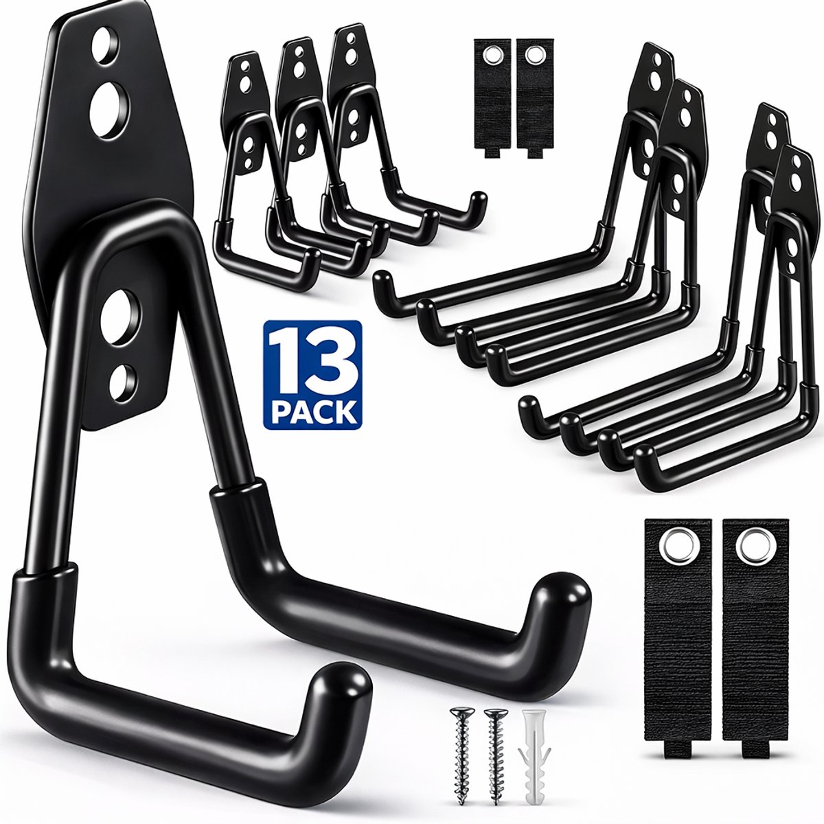 TOJ Gereedschapshaken Set 13-delig (11 Haken + 2 Lussen) – Bezemhouder / Tuingereedschap Ophangsysteem - Ophanghaken / Wandhaken – Wandmontage – Metaal – Mat Zwart