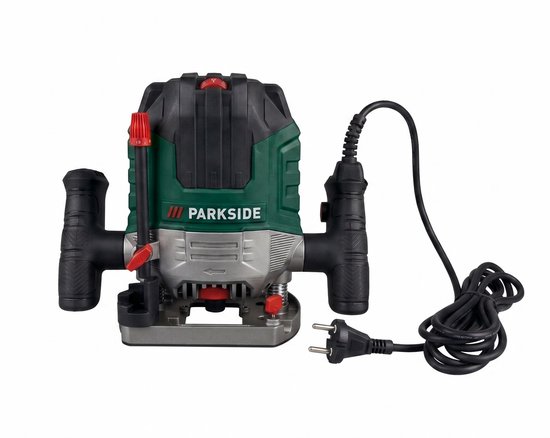 Parkside bovenfreesmachine, groen met zwart, met twee handvatten en stroomsnoer.