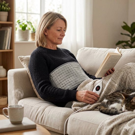 Vrouw leest een boek op een bank, met een grijze verwarmingskussen om haar middel en een kat op haar schoot.