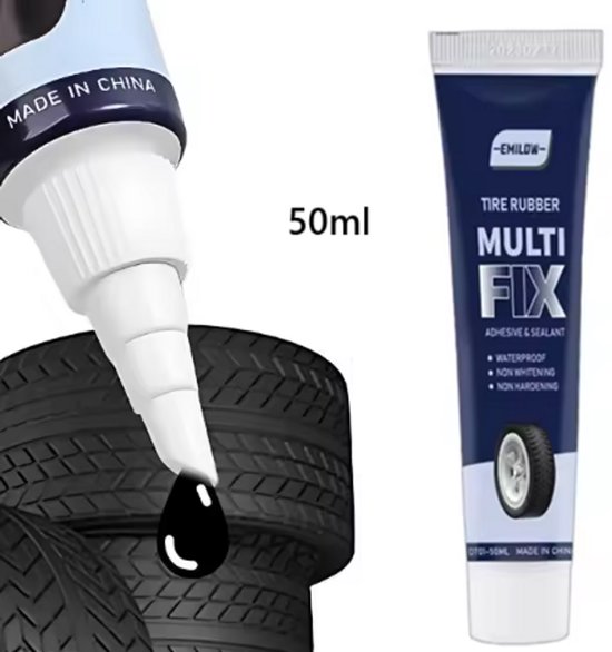 Tube van 50 ml met TLVX bandenlijm, druppel zwarte lijm valt op een stapel banden.