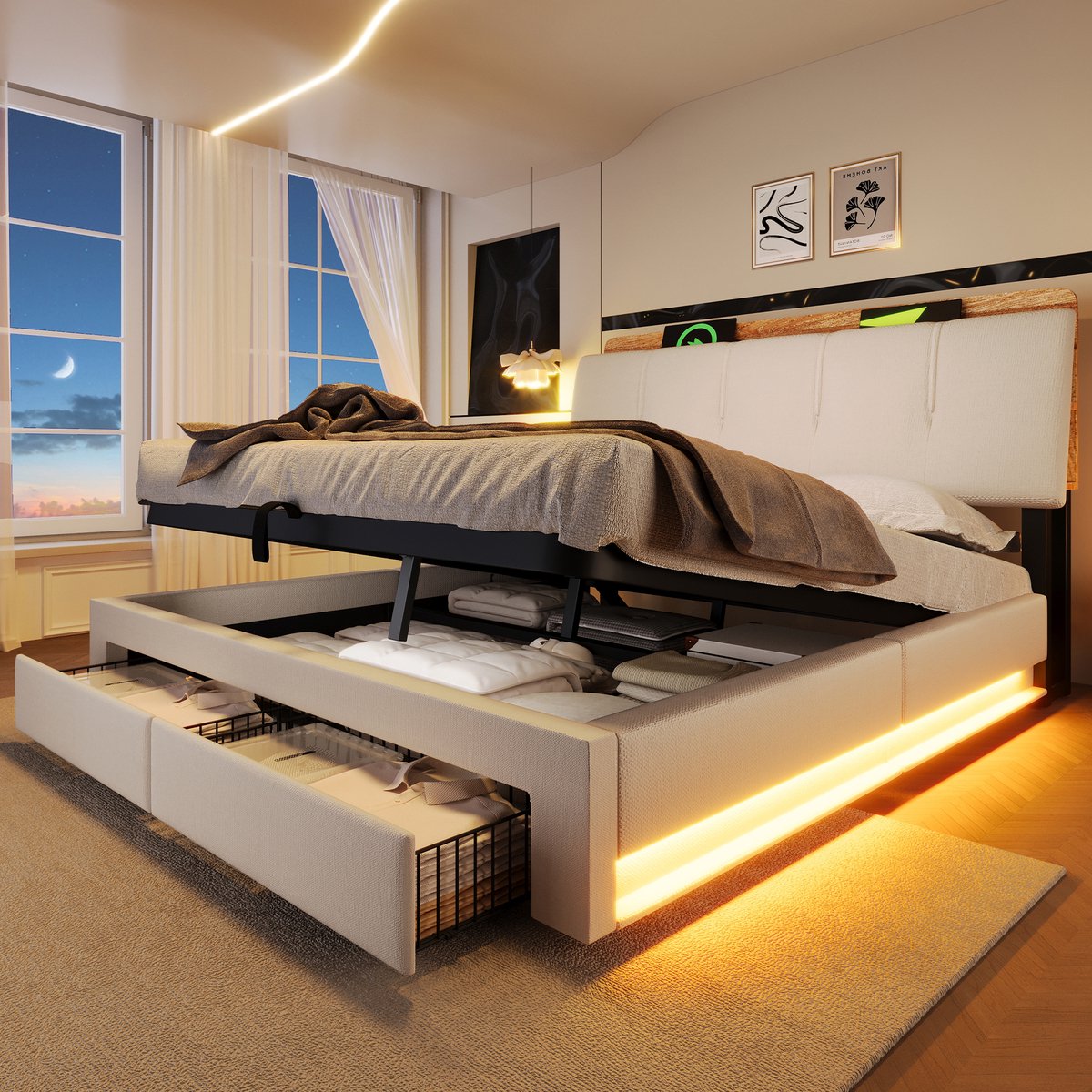 Opbergbed 140x200 cm - bed met hydraulische opbergruimte - USB en USB C - LED verlichting met app - lades en opbergvak - beige