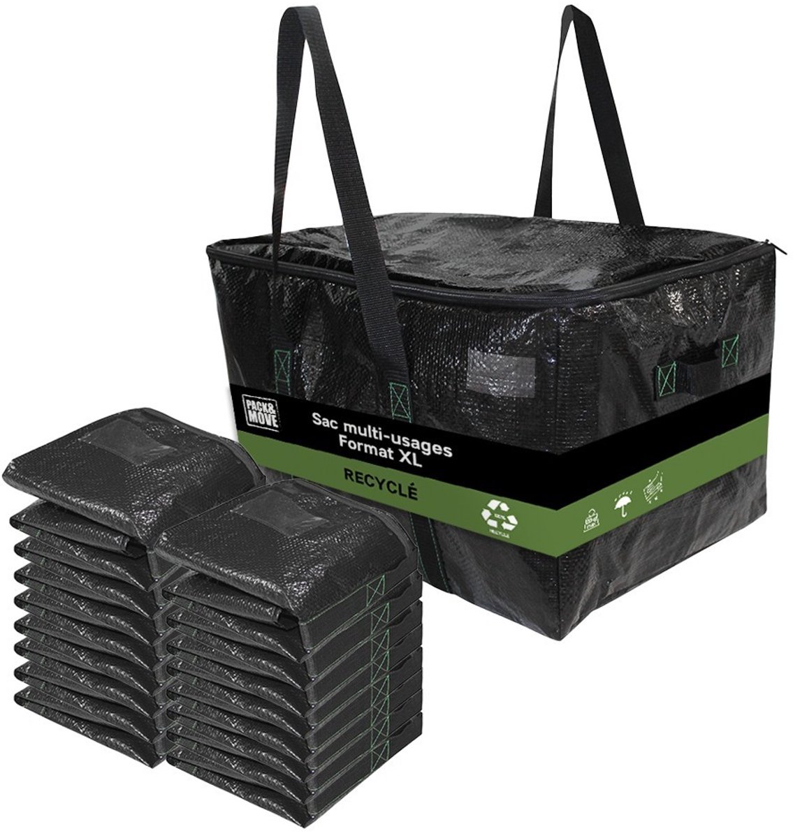 Pack and Move - Set 16 Gerecyclede Opbergtassen - 55 x 35 x 30 cm - Stevige handgrepen - Verhuizing en Transport - Ultra Sterk - Herbruikbaar - 55L