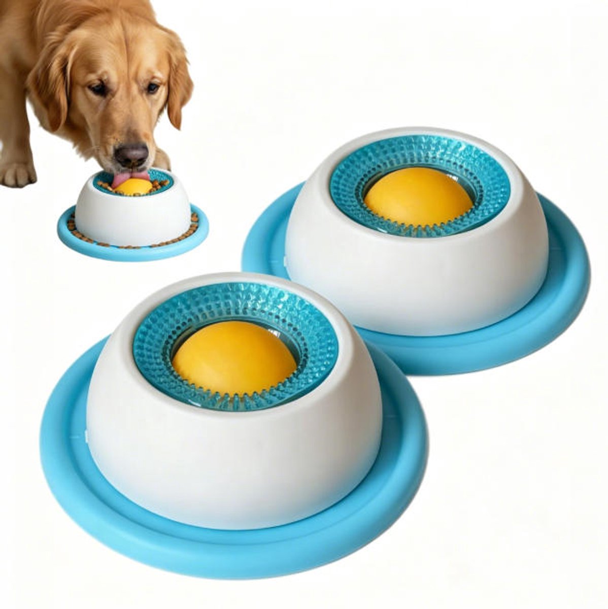 2 Stuks blauw likschaal voor honden en katten – Antislip slowfeeder met roterende likbal voor vloeibaar en natvoer – Verrijkend speelgoed tegen angst, dat huisdieren bezig, blij en betrokken houdt.
