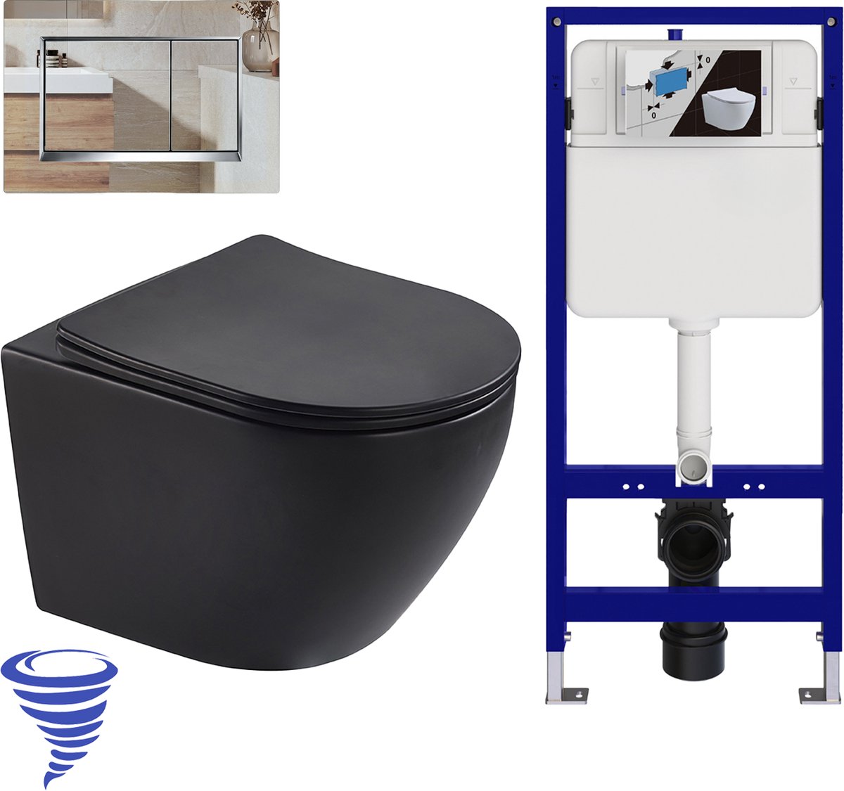 LOMAZOO Hangtoilet met Inbouwreservoir - Rond Zwart - Drukplaat Vierkant Chroom - Linea