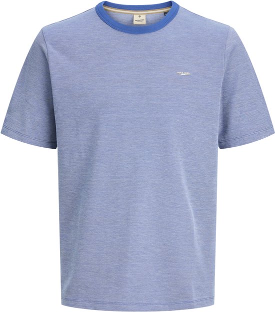 Blauw gemêleerd Jack & Jones T-shirt met blauwe ronde hals. Klein logo op de borst.