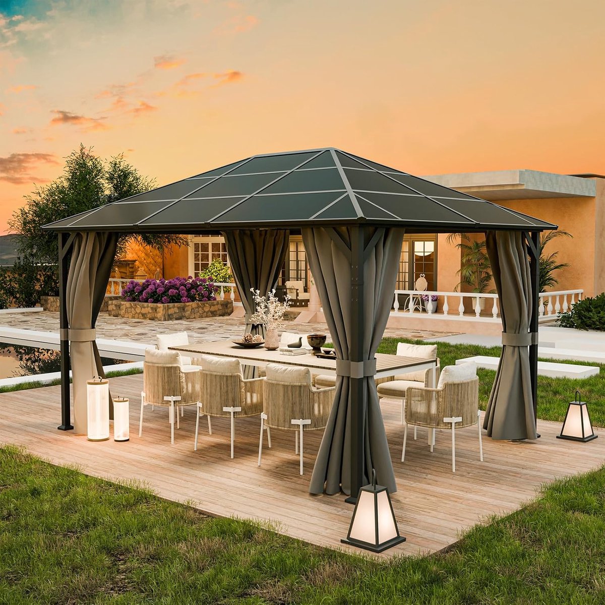 Tuinpaviljoen 3x4m Polycarbonaat Waterdicht met Gordijnen UV-bescherming 99% Aluminium Frame 6x6cm Palen 4x3x2,7m – Grijs Nicolehome