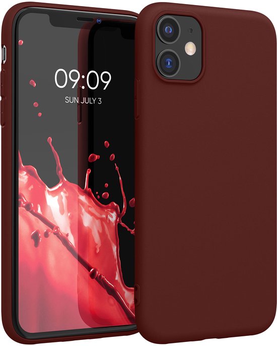 Bordeaux-paars telefoonhoesje open op een iPhone 11 met een rode splash screen.