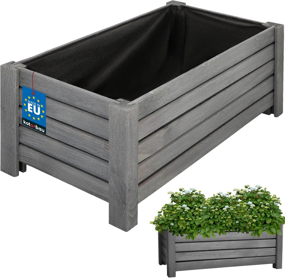 KOTARBAU® Houten Plantenbak, Kiefernhout, 60 x 33 x 25 cm, Antraciet, Houten Bloembak, Plantenbak voor Buiten, met Vlies, voor Tuin, Terras, Balkon