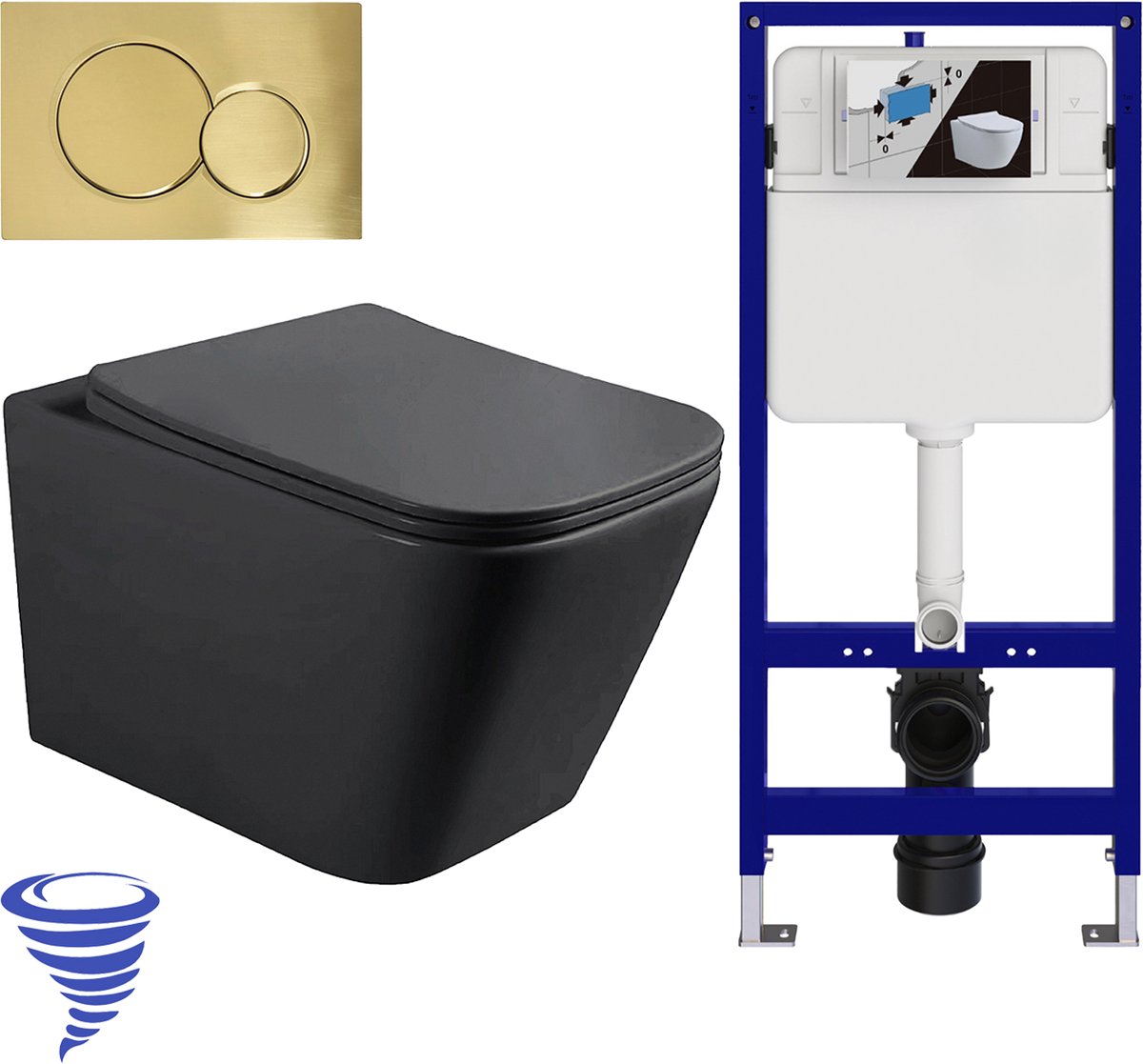 LOMAZOO Hangtoilet met Inbouwreservoir - Vierkant Zwart - Drukplaat Rond Goud - Linea