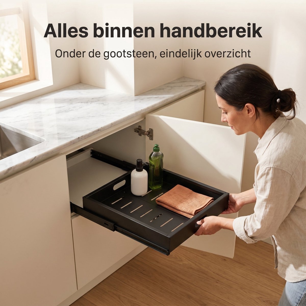 Cheqo® Schuiflade Keukenkast - Keukenkast Organizer - Uittrekbare Lade - Verstelbaar en Telescopisch - Gootsteenkast Organizer - Binnenlade Keuken - Keukenlade - Kast Organizer met Uitschuifbare Lade - Zonder Boren - Aanrecht en Lade Organizer — cadeau in Cadeau-ideeën - foto 2