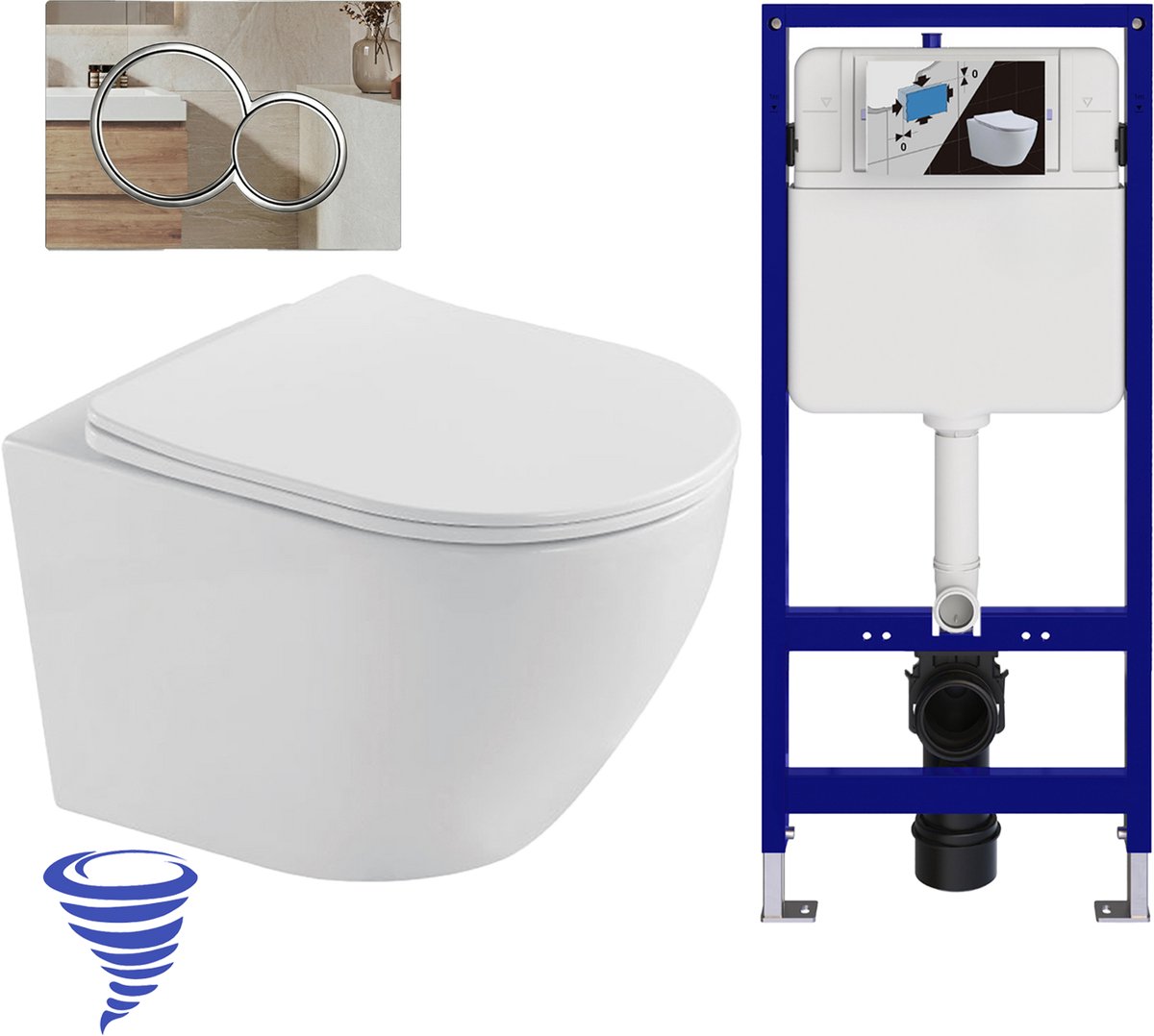 LOMAZOO Hangtoilet met Inbouwreservoir - Rond Wit - Drukplaat Rond Chroom - Linea
