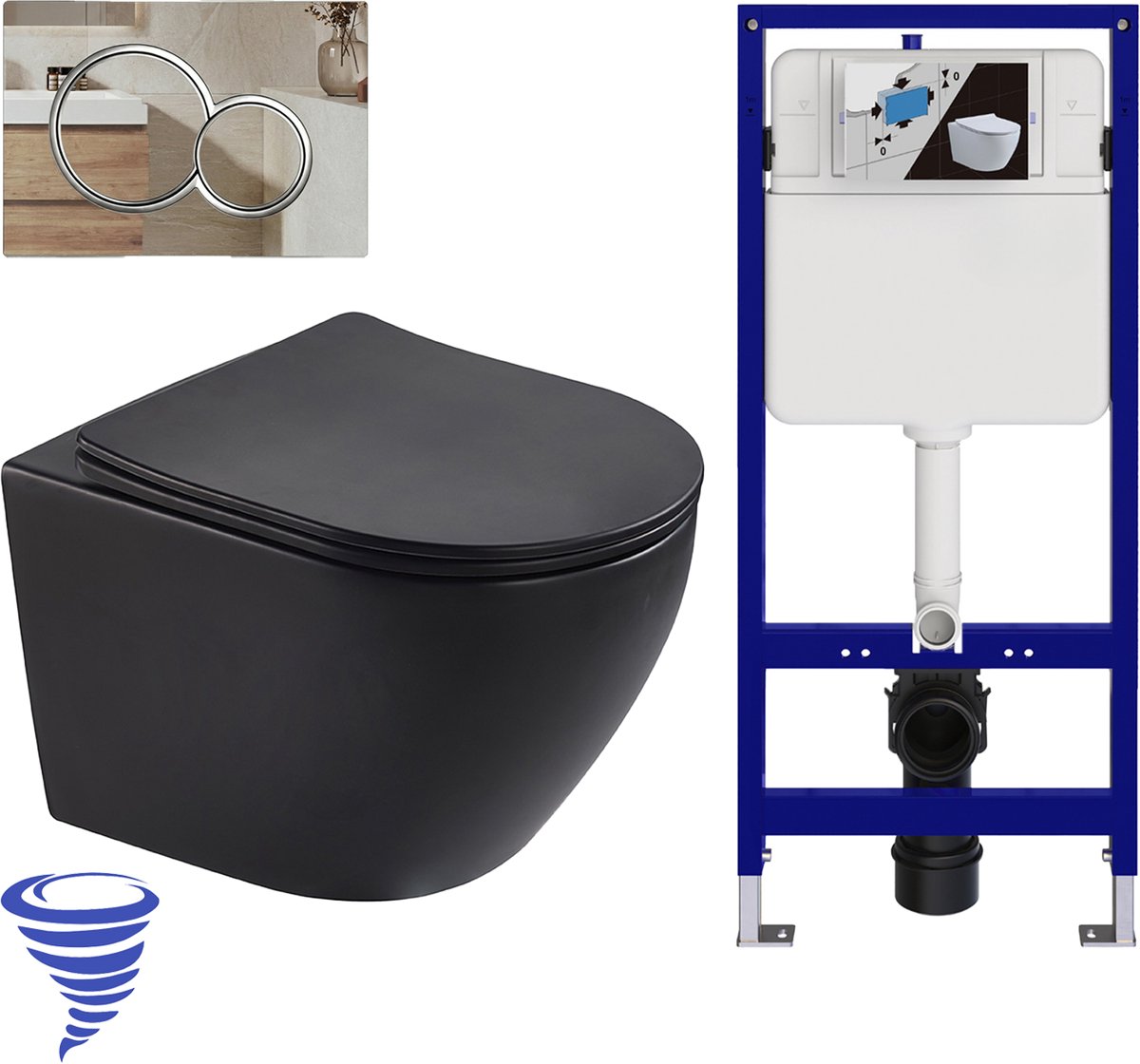 LOMAZOO Hangtoilet met Inbouwreservoir - Rond Zwart - Drukplaat Rond Chroom - Linea