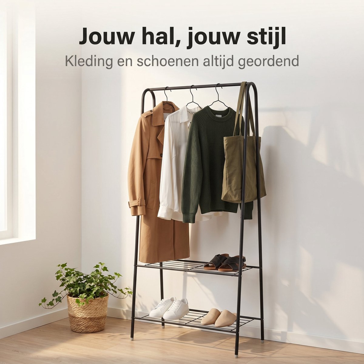 Cheqo® Kledingrek met Schoenenrek - Garderoberek - Kledingstang - Open Kledingkast - Kledinghanger - Kledingstandaard - Zwart - Industrieel - Ophangrek - Klerenrek - Kapstok - Garderobe Opbergrek - voor Slaapkamer en Hal en Entree – foto 6