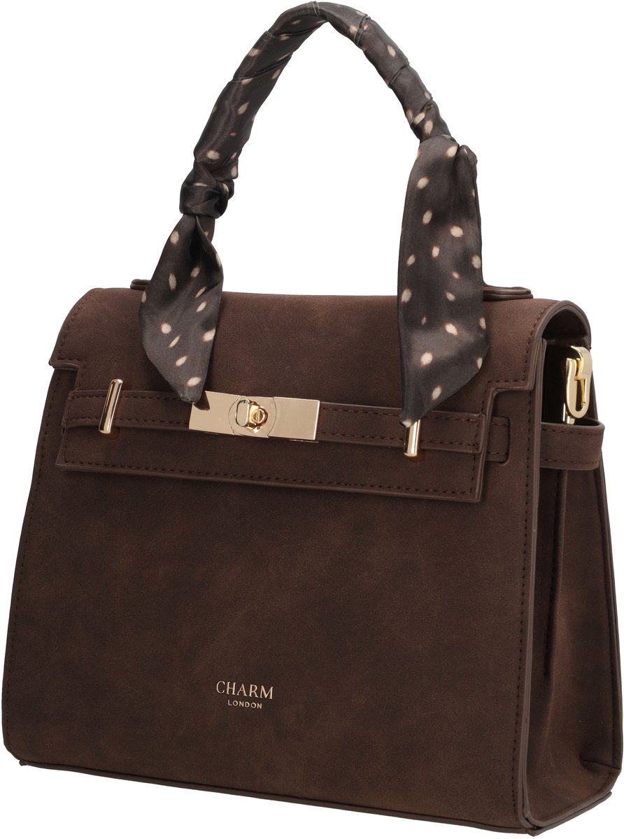 Charm London The Hamptons Village Handtas - Overslagtas - Schoudertas - Suede PU - Gouden Details - Verstelbare En Afneembare Band - Crossbody - Dames - Tas - Donkerbruin