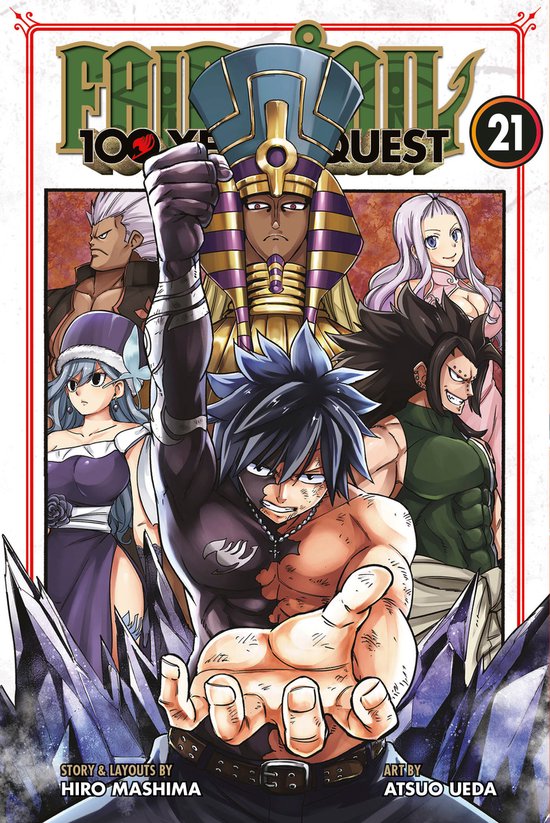 Boekomslag van Fairy Tail: 100 Years Quest deel 21 met Natsu, Gray, Lucy, Erza, Jellal en een Egyptische figuur.