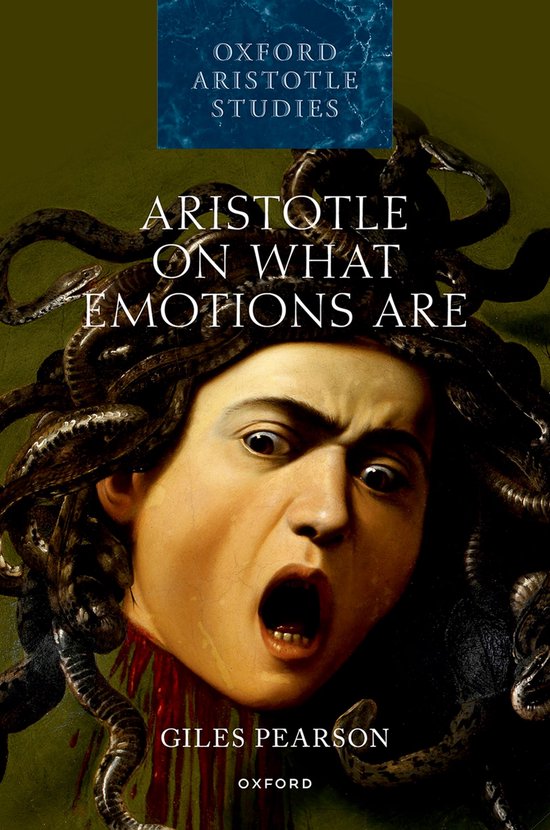 Boekomslag met "Aristotle on What Emotions Are" en een schilderij van Medusa met slangen als haar.