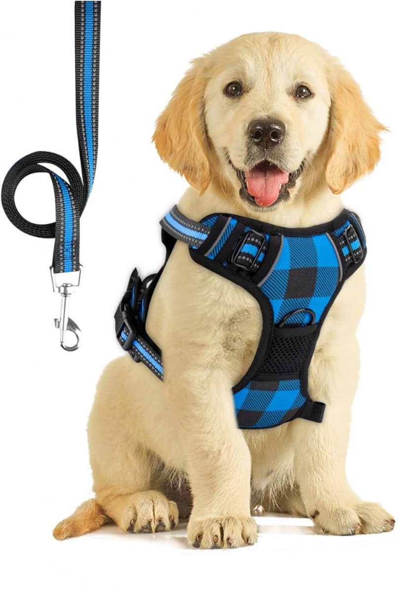 Hondentuig - Hondenharnas - hondentuigje hond medium - harnas hond anti trek - Blauwe plaid - Verstelbaar tuig voor huisdieren - van Imperatoris