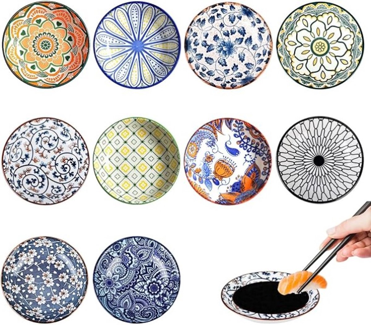Set van 10 Keramische Dipschalen - Boheems Motief - Voor Sauzen en Snacks