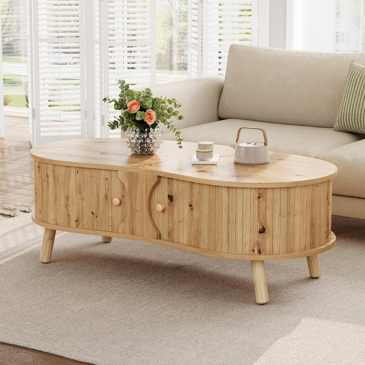 PHOEBE CAT Salontafel - Houtlook - 2 schuifdeuren - Massief houten poten - MDF - Natuurlijk