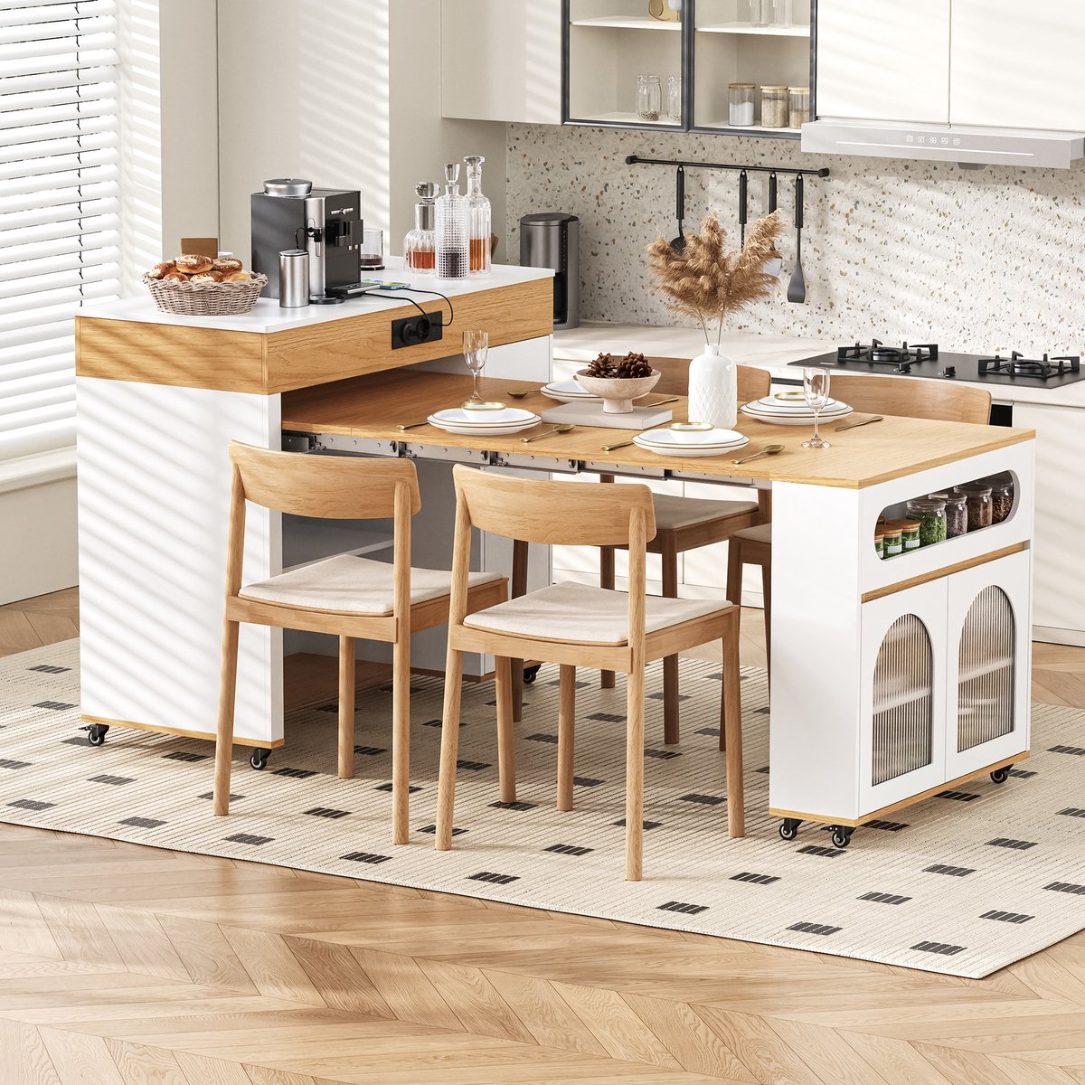 Keukeneiland op wielen - uitschuifbare eettafel met stopcontactstrook en geëtst glas - dressoir met laden - wit en houtkleur