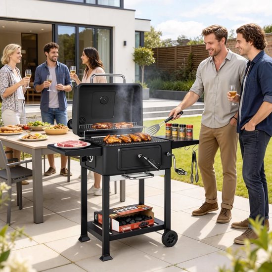 Premie Houtskool Barbecue - Smoker Barbecue - Barbecuegrill - Grillwagen - Houtskoolgrill - Houtskoolgrill met Deksel, Thermometer, Handvat & Bijzettafel - BBQ voor buiten, tuin - Zwart van Merkloos — afbeelding 4