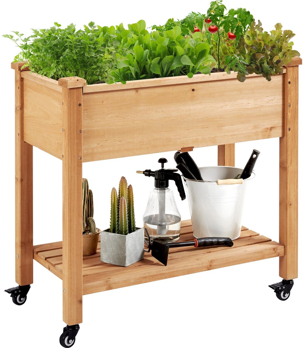 Yaheetech Verhoogd bloembed met wielen en legplank, plantenbak, plantenbak, bloemenbak, kruidenbed van hout, plantenbed voor tuin, balkon en terras, 87 x 47 x 83 cm