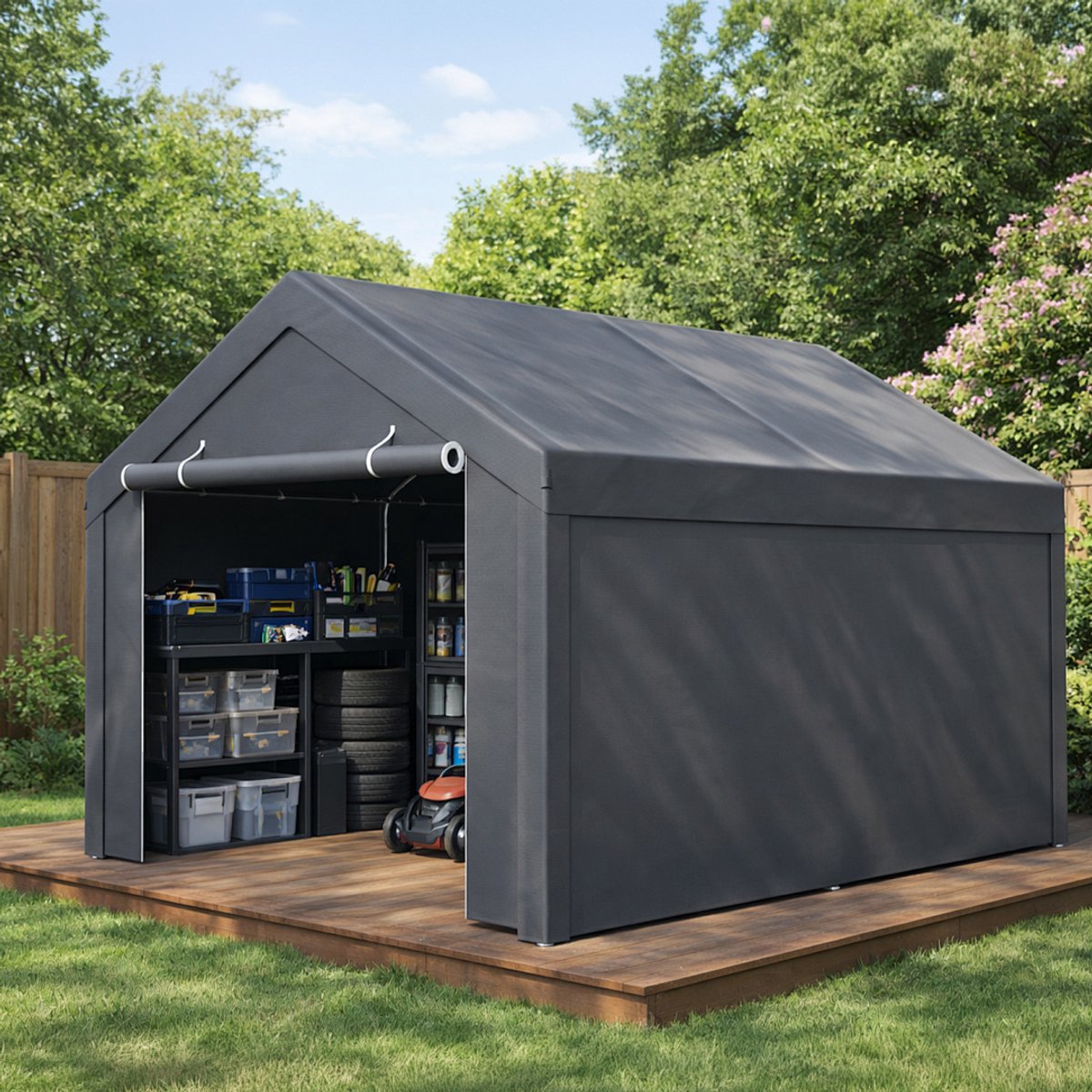 Garagetent 3x4 m - Opslagtente met afneembare zijwanden - PE zeil - Gegalvaniseerd stalen frame - Grijs