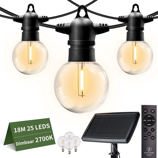 EverNeeds G50 Solar Lichtsnoer Buiten – Prikkabel 18m (15m verlicht en 3m kabel) – 25 LED – IP65 – Afstandsbediening – Solar Tuinverlichting - Zonneenergie Lichtslinger - Sfeerverlichting Buiten - Warm Wit 2700K - 4 Extra LED’s