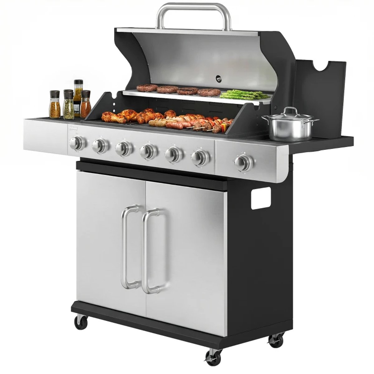 Gasbarbecue - Gasbarbecue en grill - 6+1 Branders - 18,6 kW - Grillwagen - Barbecuewagen - met Grillrooster, Wielen, Bijzettafels, Slangen, Thermometer en Warmhoudplaten - 142 x 49 x 111 cm - Zwart + Zilver