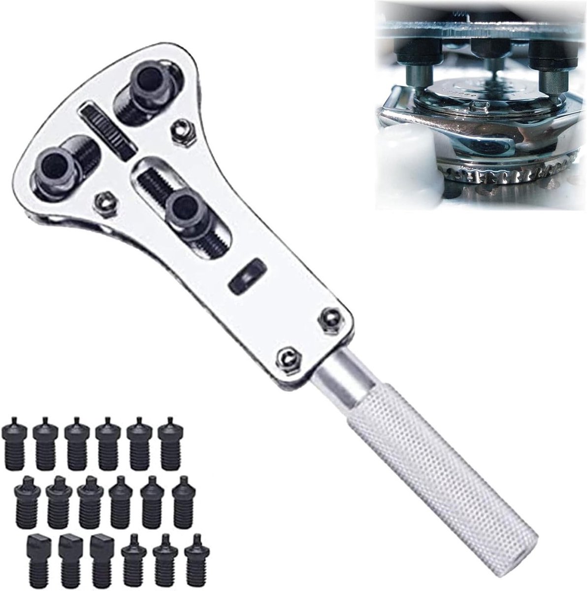 Horloge opener met 18 opening schroeven, gereedschap voor horloge reparatie en onderhoud, zilverkleurig