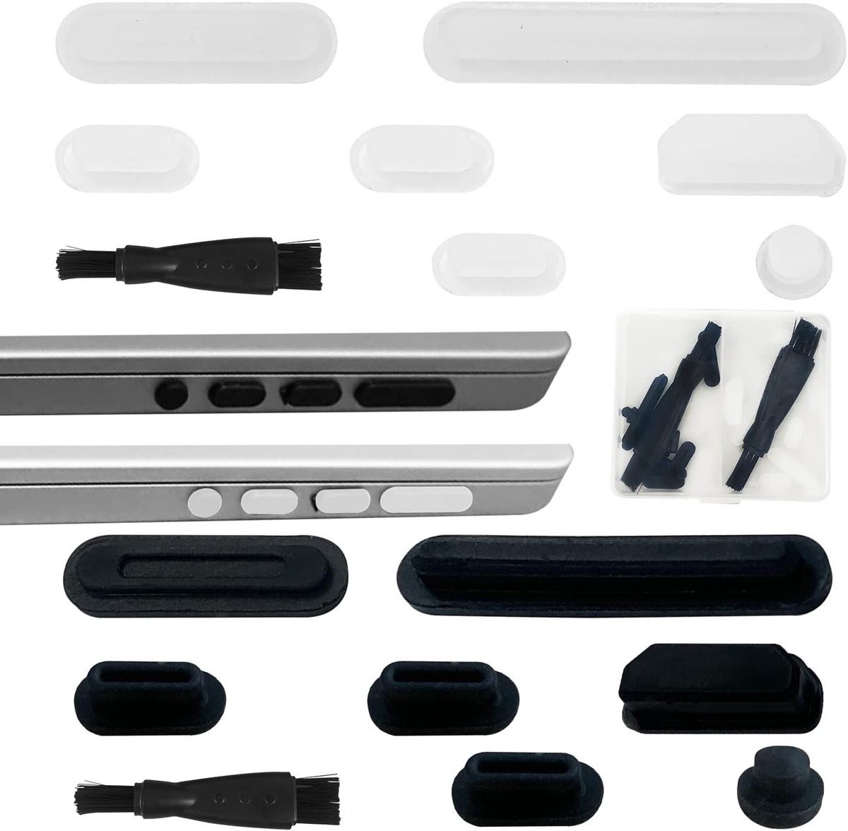 Siliconen Dust Plug Kit voor Laptoppoorten met Antivuil Caps, Twee Borstels en Transparante Opbergdoos
