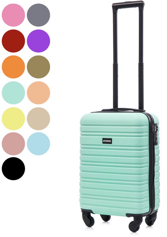 Mintgroene handbagage koffer met ritssluiting en wielen, naast kleurencirkels.