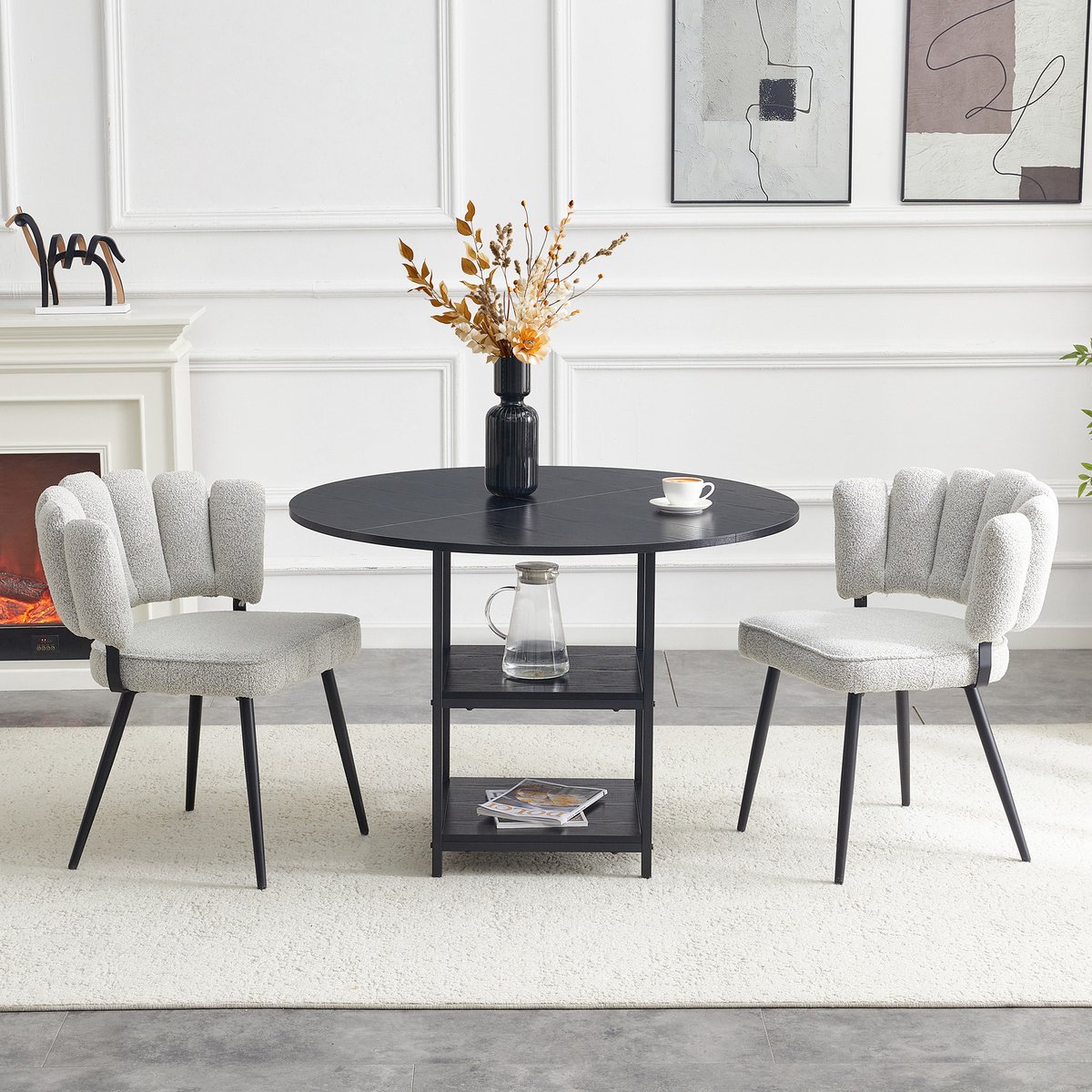 Eetkamerset - Ø107 cm - ronde tafel 2-laags opbergruimte + 2 lichtgrijze bloemrug stoelen - industrieel - MDF+stof - lichtgrijs
