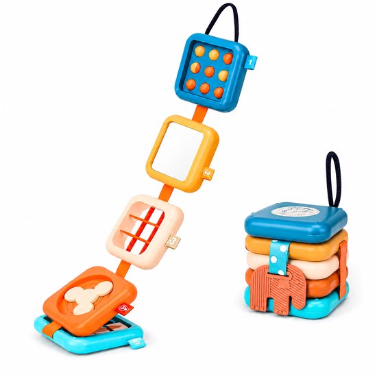 Stapelbare activiteitenblokken in blauw, oranje en crème, met een olifantje.