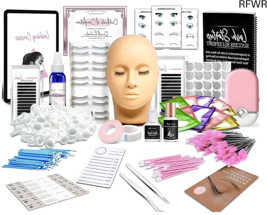 Een complete set voor wimperextensies met oefenhoofd, wimpers, tools en handleidingen.